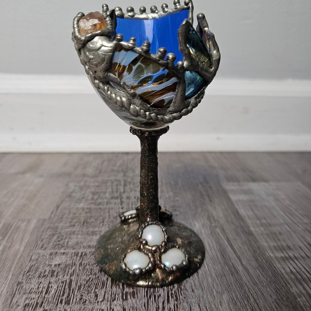 Rare Artisan Stained Glass Chalice Goblet Blue Gothic Whimsigoth Medieval 5.75"